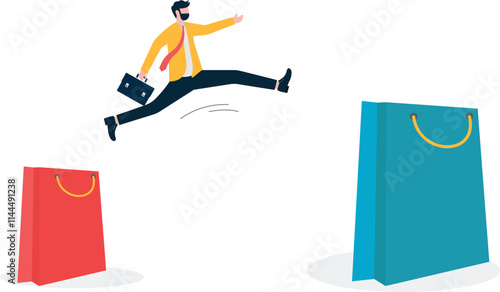 A man jumps over a large shopping bag and money scatters behind him. Illustration of overspending, big spending, too much shopping.
