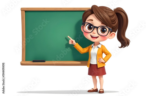 Cartoon character explaining concepts at a classroom chalkboard in a bright setting