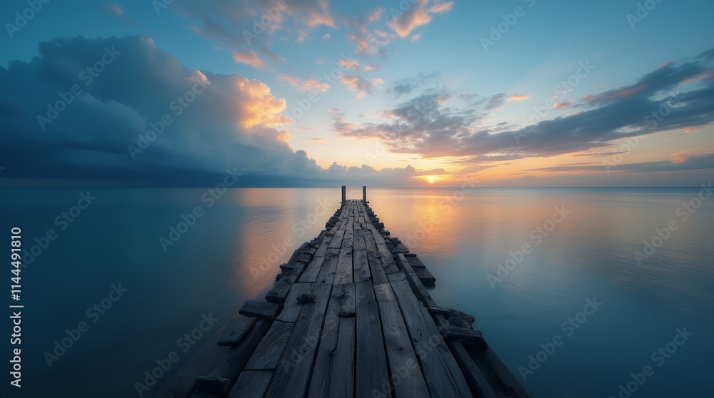 Obraz premium Endless Serenity: A Wooden Pier Embracing the Sunrise. A Wooden Pier Stretching Over a Serene Sea at Dusk.