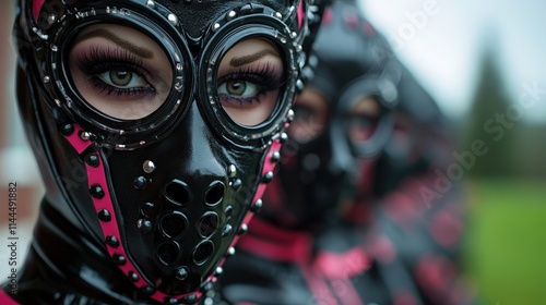 A striking image of masked individuals in sleek leather outfits, showcasing unique designs and vibrant colors, creating an intriguing atmosphere of mystery and fashion. photo