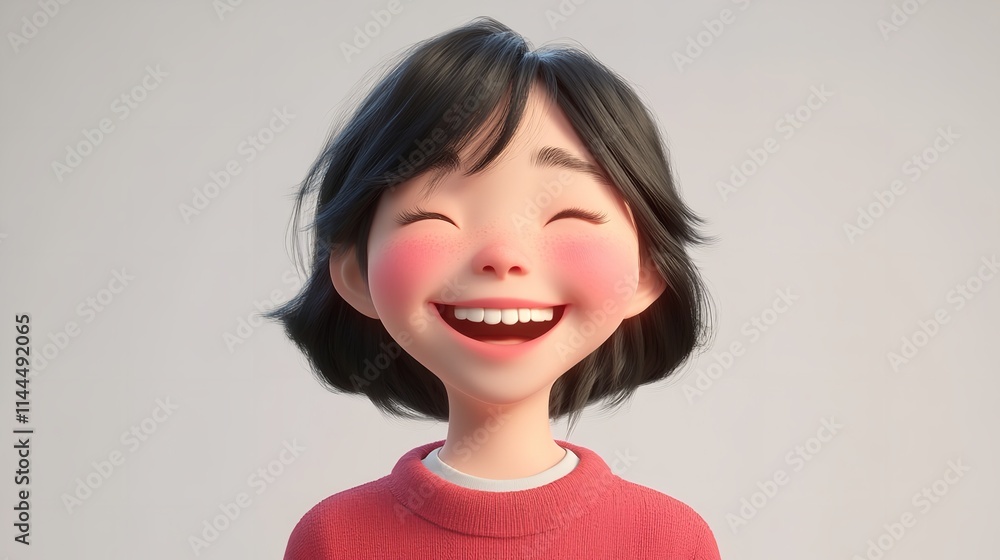 Happy smiling laughing cartoon character girl in 3d style on light background Happy smiling laughing cartoon character girl in 3d style on light background