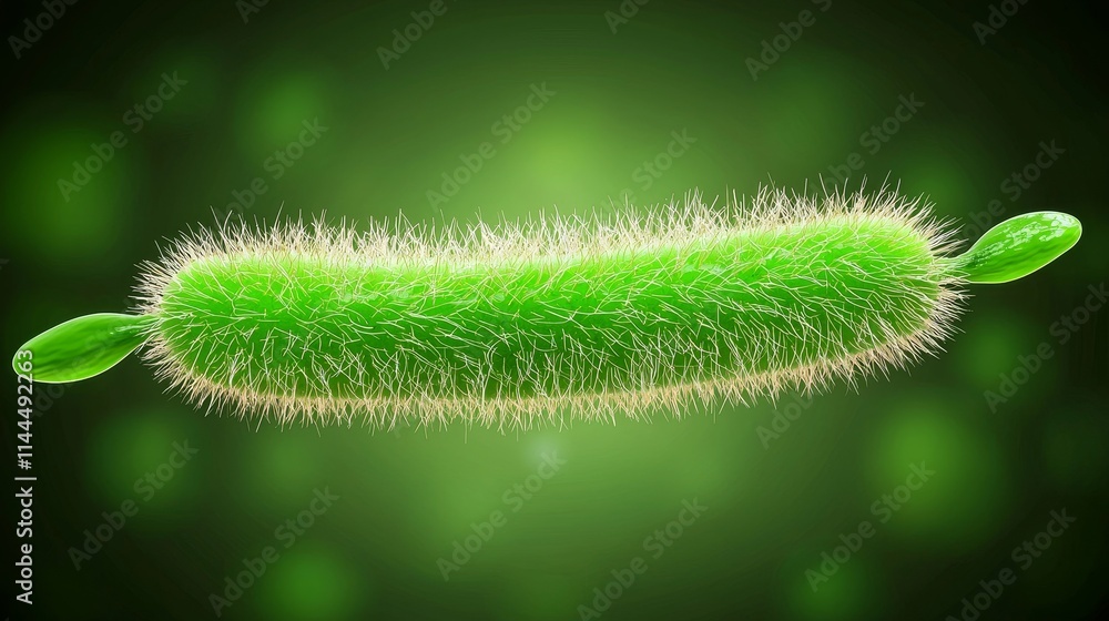High Quality 3D Rendered Illustration of a Green Bacterium with Hair-like Projections and Leaf-like Structures High Quality 3D Rendered Illustration of a Green Bacterium with Hair-like Projections and Leaf-like Structures