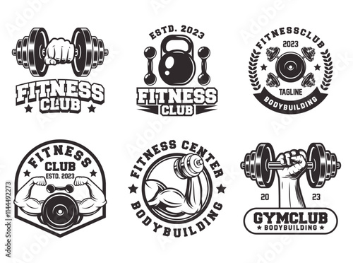 Retro styled fitness emblem collection. Vintage gym logo templates bundle. Monochrome fitness emblems logo vector.
