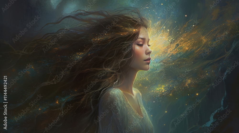 portrait of a young woman with closed eyes, made in a fantastic style. portrait of a young woman with closed eyes, made in a fantastic style.