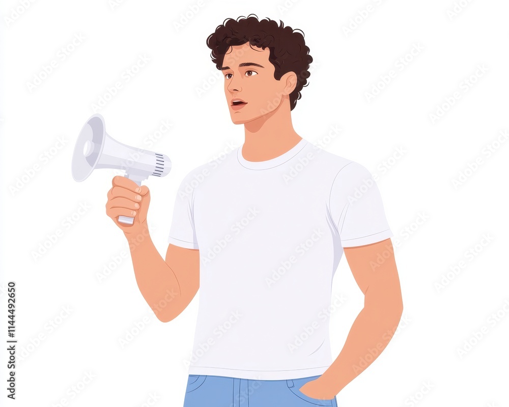 Young man holding megaphone, announcing. Young man holding megaphone, announcing.