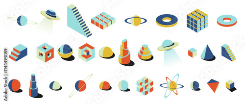 Set of bold isometric 3D forms in retro brutalist style. Colorful geometric shapes like planets, UFOs and spheres. Ideal for vibrant posters, cards, modern wall art or creative design projects