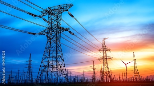 A power grid where renewable energy sources like wind and solar are being added to a traditional coal-fired power plant.  photo