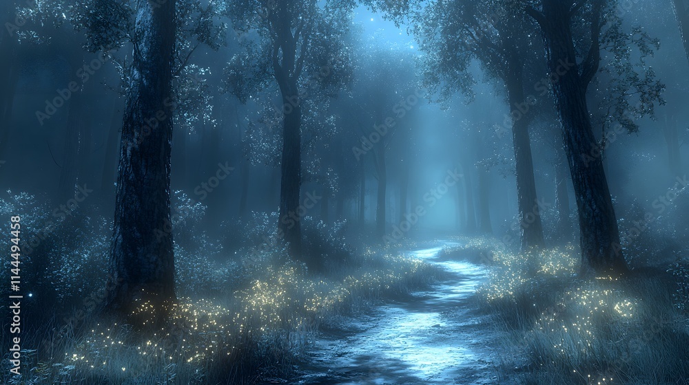 Obraz premium Night Forest Path with Fireflies