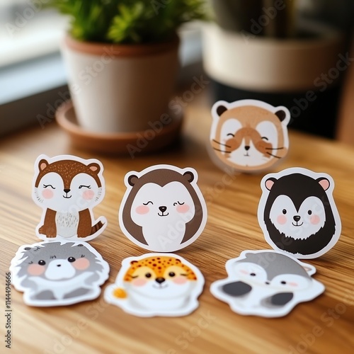 Adorable animal stickers on wooden surface. photo