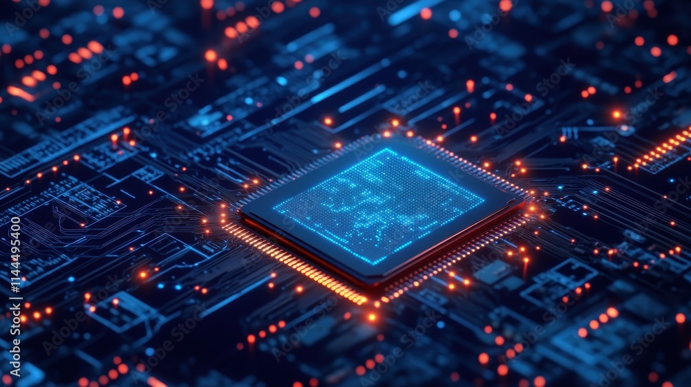 Futuristic Microchip Closeup Glowing Circuit Board Technology.