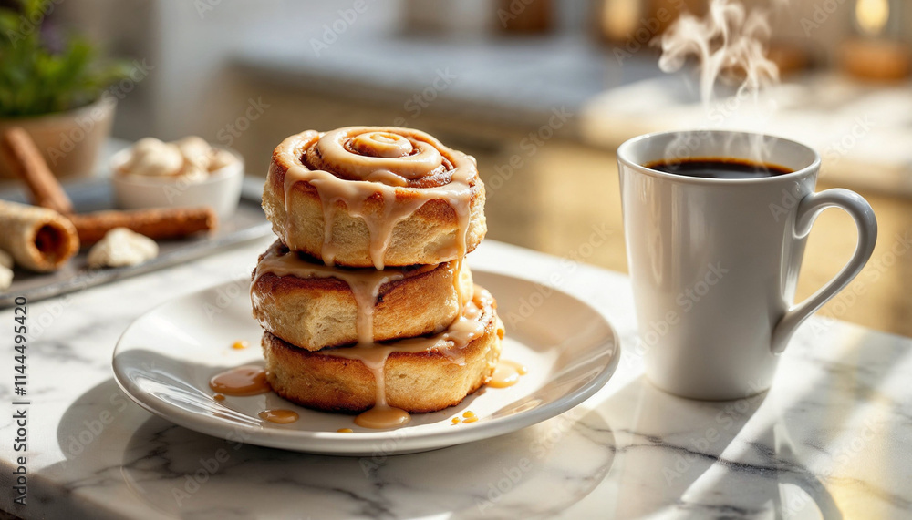 Sweet Cinnamon Rolls with Coffee on Marble Surface Sweet Cinnamon Rolls with Coffee on Marble Surface