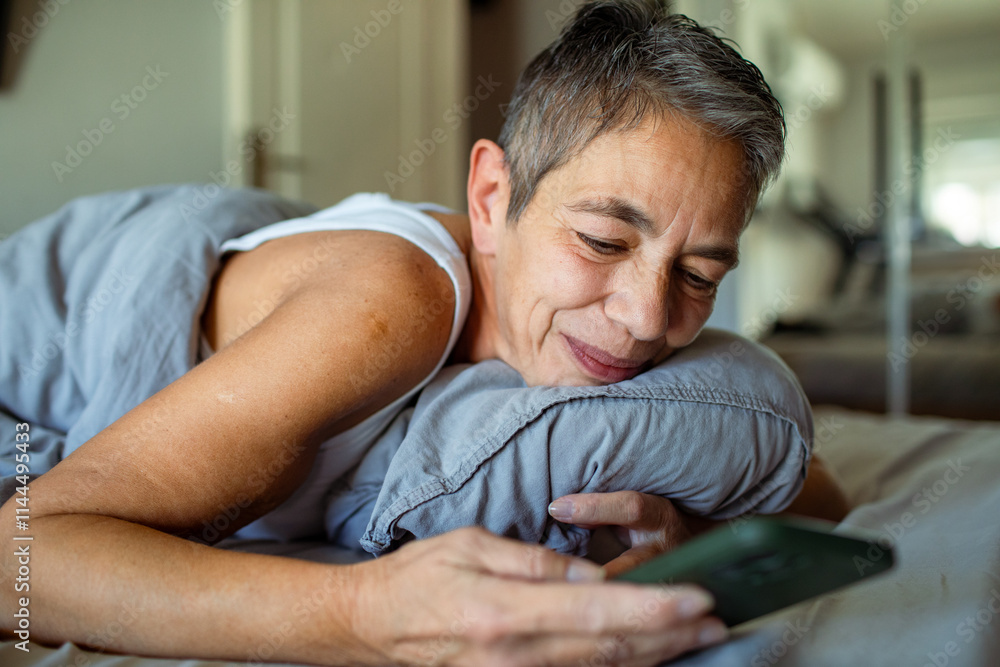 Senior woman relaxing in bed while using smartphone Senior woman relaxing in bed while using smartphone