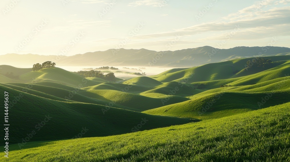 Sunlit mountain landscape with rolling green hills and distant mist, peaceful and scenic view Sunlit mountain landscape with rolling green hills and distant mist, peaceful and scenic view