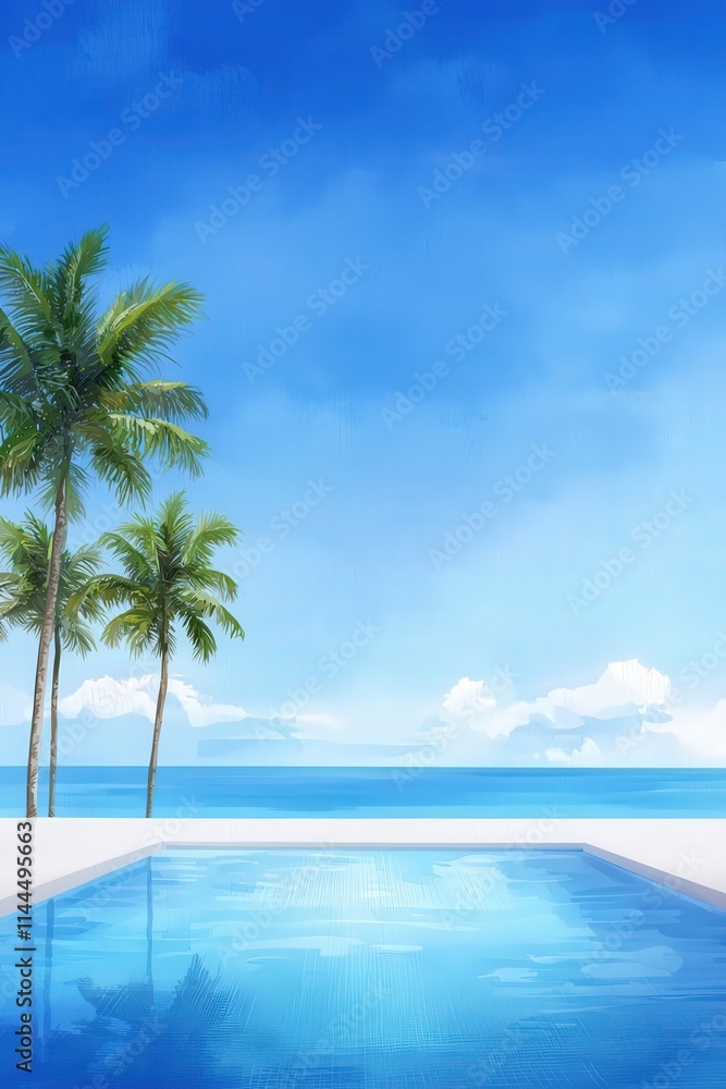 Obraz premium A tropical resort poolside surrounded by palm trees and the ocean