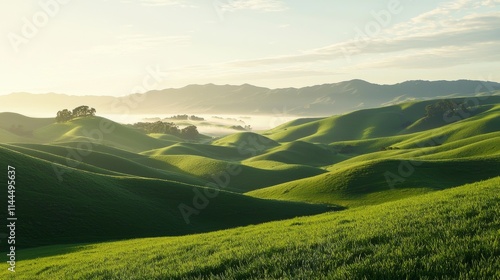 Sunlit mountain landscape with rolling green hills and distant mist, peaceful and scenic view
