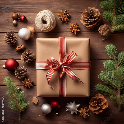 Prenda rodeado de pinhas e ornamentos de natal. Bolas de natal vermelhas. Laço vermelho e papel acastanhado. Fundo madeira em tons quentes photo