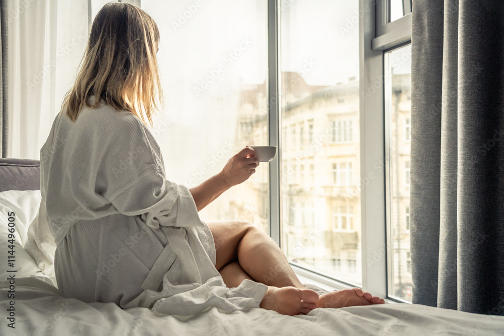 Woman in white bathrobe lying on sofa and relaxing with cup of tea at home. Woman in white bathrobe lying on sofa and relaxing with cup of tea at home.