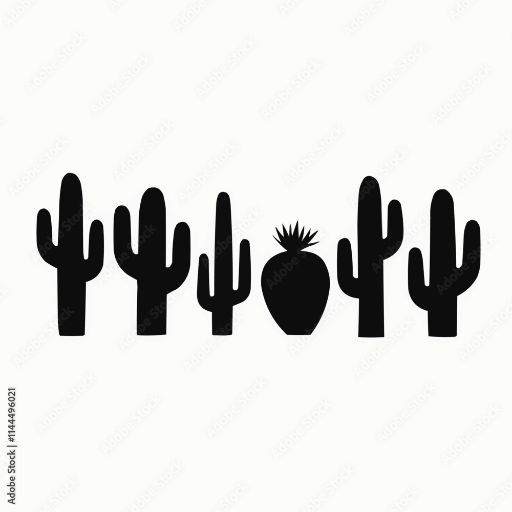 Fototapeta premium Cactus silhouettes with flowers. Different types of cactus plants.