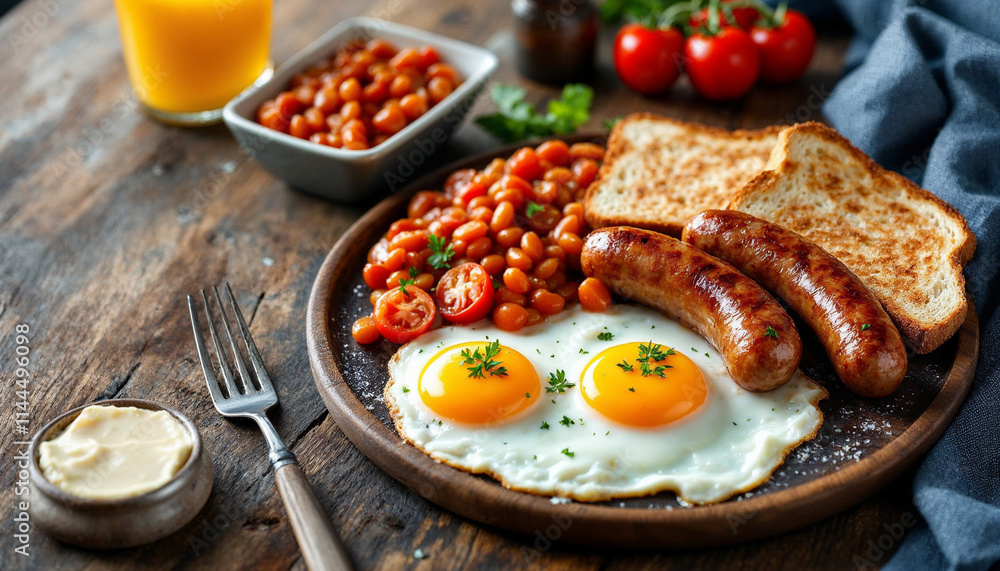 Delicious English Breakfast with Fried Eggs, Sausages, and Toast Delicious English Breakfast with Fried Eggs, Sausages, and Toast