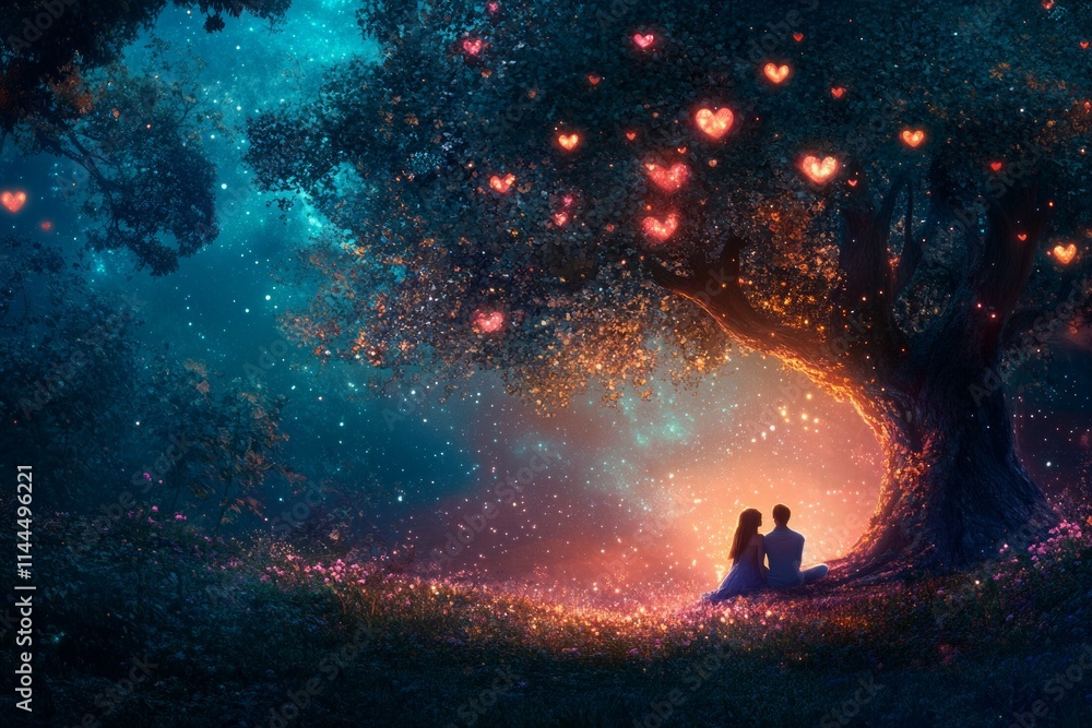 Couple enjoys a magical night under a glowing tree in a fantasy forest filled with heart-shaped leaves and fairies