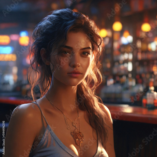 Woman in a bar, single person, girl in a dress