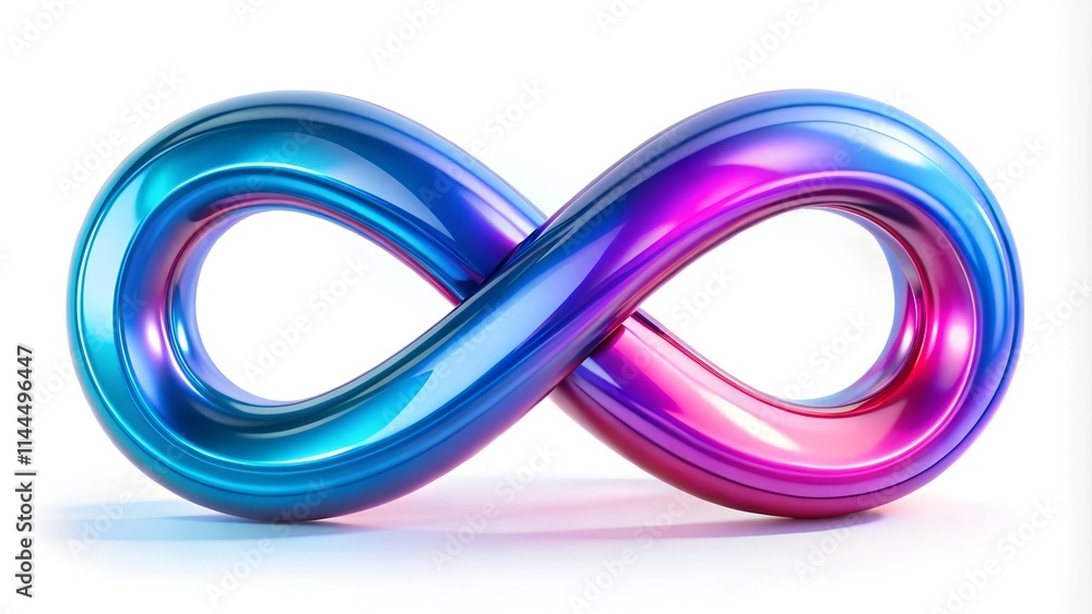 Glossy 3D infinity shape featuring gradient colors in blue, pink, and purple. The smooth and futuristic design has a modern, abstract aesthetic. Isolated on white background Glossy 3D infinity shape featuring gradient colors in blue, pink, and purple. The smooth and futuristic design has a modern, abstract aesthetic. Isolated on white background
