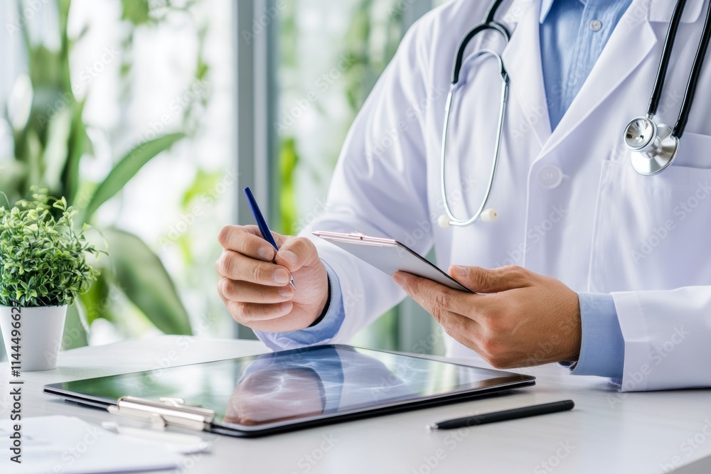 A medical professional wearing a white lab coat and a stethoscope around his neck, using a tablet A medical professional wearing a white lab coat and a stethoscope around his neck, using a tablet