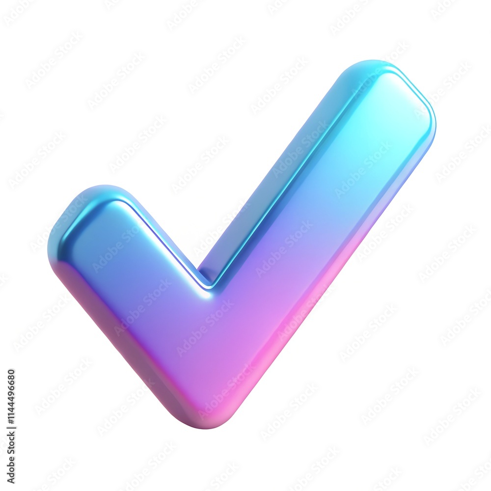 Glossy 3D checkmark icon featuring pastel colors of blue, pink, and purple. The smooth and vibrant design has a modern, abstract, and futuristic appearance. Isolated on white background Glossy 3D checkmark icon featuring pastel colors of blue, pink, and purple. The smooth and vibrant design has a modern, abstract, and futuristic appearance. Isolated on white background