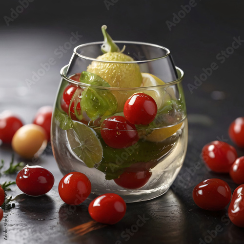 A cocktail glass of drink with fruits and berries, cafe restaurant service