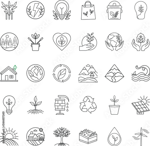 Ecofriendly icons sustainability, nature, energy, recycling, and growth