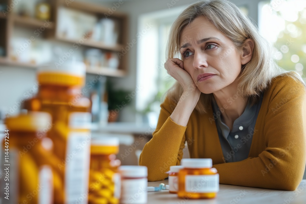 Mid-aged woman reflects on hormone therapy while surrounded by medicine bottles in a bright kitchen Mid-aged woman reflects on hormone therapy while surrounded by medicine bottles in a bright kitchen