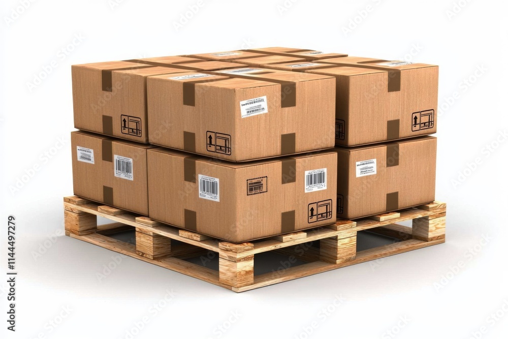 Stacked cardboard boxes on a wooden pallet ready for shipment in a warehouse environment Stacked cardboard boxes on a wooden pallet ready for shipment in a warehouse environment