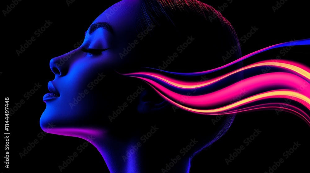 Neon profile of a woman's face with colorful streaks of light. Neon profile of a woman's face with colorful streaks of light.