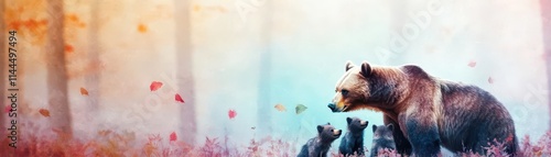 A mother bear with cubs, fiercely protecting them from a lurking wolf in a vivid forest setting, painted in soft watercolor tones photo