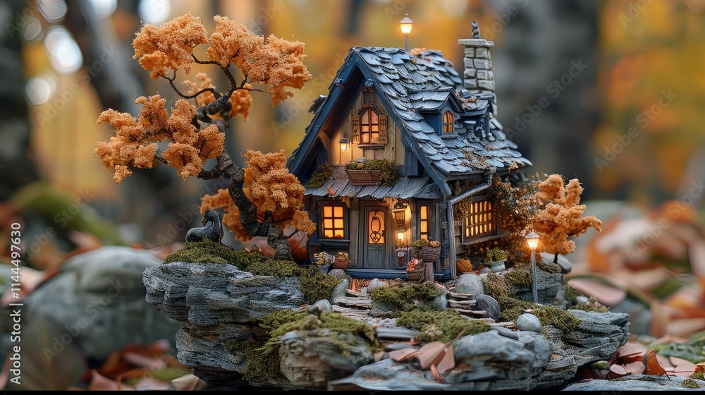 A whimsical miniature house surrounded by autumn foliage and glowing lights. A whimsical miniature house surrounded by autumn foliage and glowing lights.