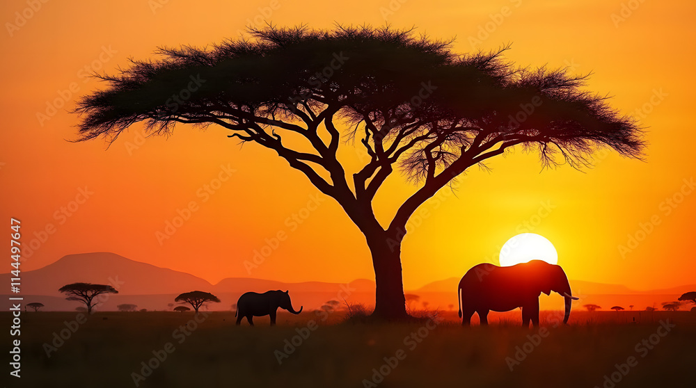 Obraz premium Silhouette of big acacia tree on savanna plains with african elephant. Sunset or sunrise in Africa. Wildlife, panoramic view of Kenya. Black history month concept. World rhino day. Animal protection.