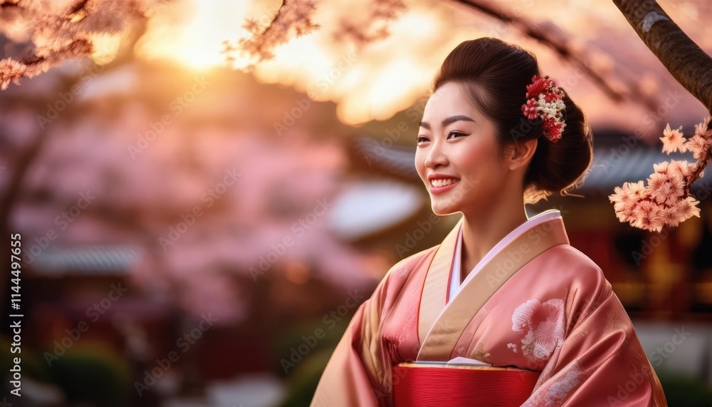 A radiant Japanese geisha, adorned in an ornate kimono with delicate floral details, beams with joy as she embraces the beauty of cultural heritage A radiant Japanese geisha, adorned in an ornate kimono with delicate floral details, beams with joy as she embraces the beauty of cultural heritage