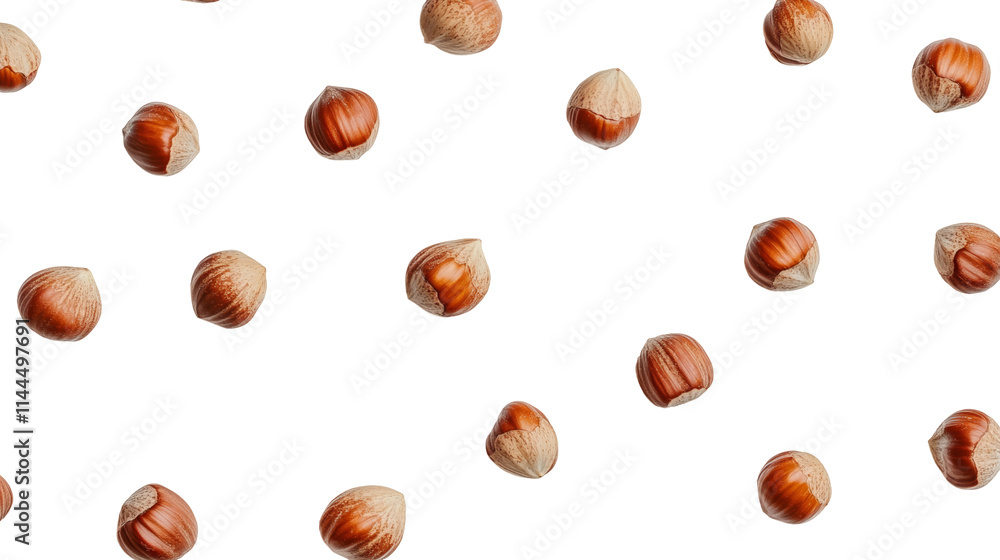 Scattered hazelnuts on transparent background, minimalist pattern. Food design and natural texture concept Scattered hazelnuts on transparent background, minimalist pattern. Food design and natural texture concept