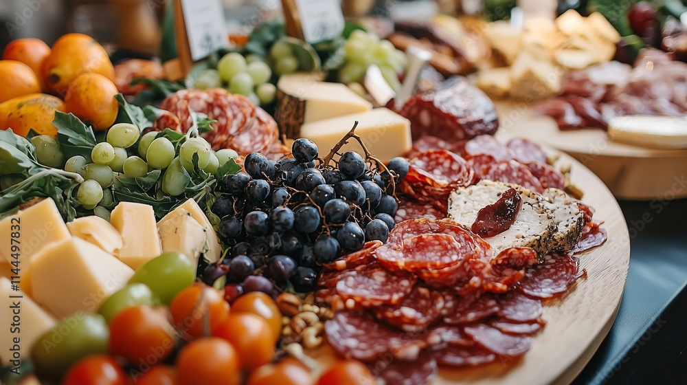 A vibrant charcuterie plate with meats, cheeses, fruits, and nuts symbolizing abundance and variety. A vibrant charcuterie plate with meats, cheeses, fruits, and nuts symbolizing abundance and variety.