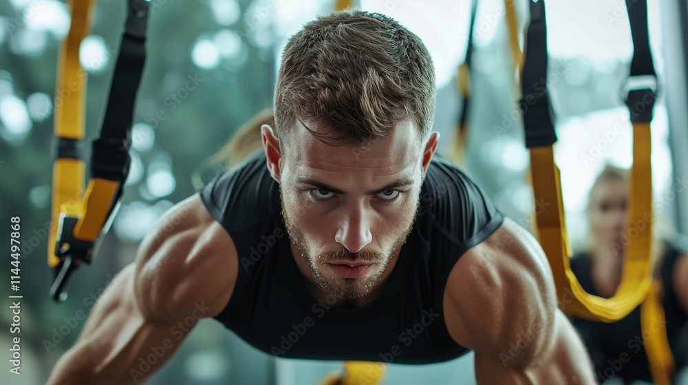 Obraz premium Focused athlete performing strength training with ropes.