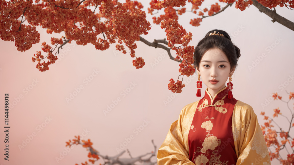 Beautiful Asian Woman Celebrating Chinese New Year Festival in Traditional Clothes Beautiful Asian Woman Celebrating Chinese New Year Festival in Traditional Clothes