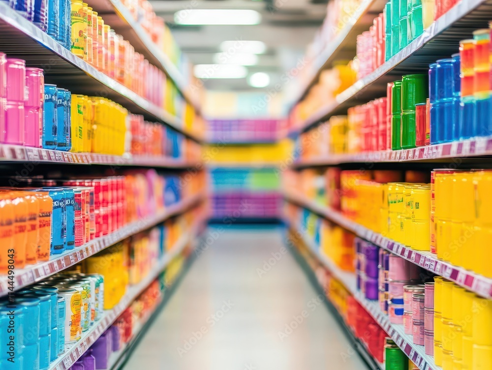 A kaleidoscopeinspired grocery aisle with an explosion of colors from stacked canned goods and packed shelves A kaleidoscopeinspired grocery aisle with an explosion of colors from stacked canned goods and packed shelves