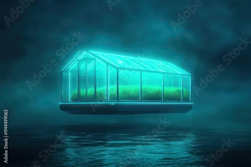 A futuristic greenhouse floating on an ocean platform, illuminated by glowing algae, Bioluminescent Palette, Dark with Neon Highlights, Hyperrealistic Digital Painting photo