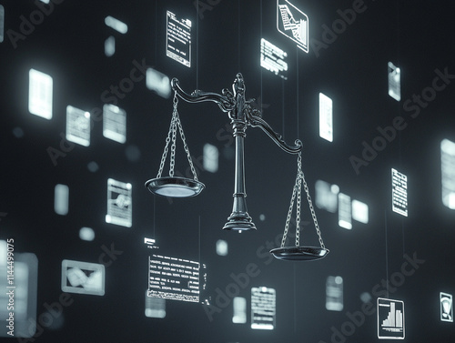 Digital Justice: A 3D rendering of scales of justice against a backdrop of glowing digital data, symbolizing the balance and transparency of modern legal systems. photo