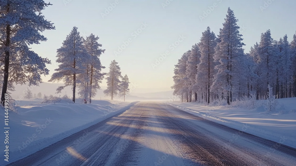 Snowy Mountain forest with tall pine trees and snow covered road, Arctic Landscape with Snow covered road and trees in a winter season, winter morning snowy view with melting snow. Snowy Mountain forest with tall pine trees and snow covered road, Arctic Landscape with Snow covered road and trees in a winter season, winter morning snowy view with melting snow.