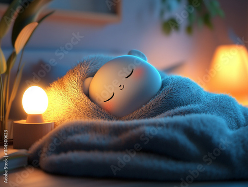 Sweet Dreams: A cute, cartoonish character snuggled under a soft blanket, illuminated by warm lamplight.  Perfect for illustrating themes of comfort, relaxation and childhood innocence.  photo