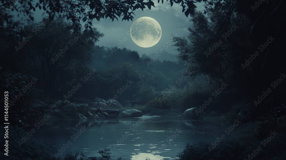 Naklejka premium Ulotne piękno nocnego pejzażu, rozświetlonego eterycznym blaskiem księżyca, z łagodnymi, mglistymi akcentami jak w sennej wizji.