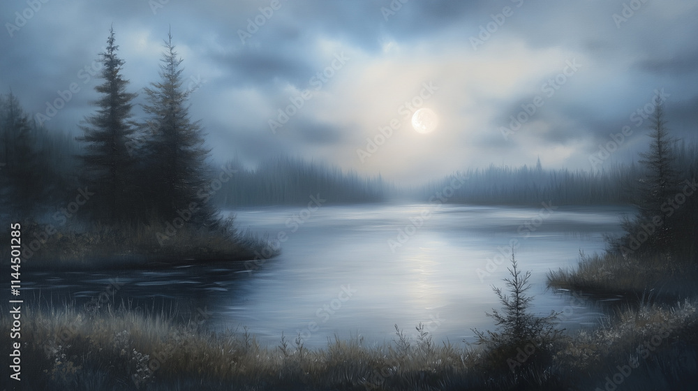 Ulotne piękno nocnego pejzażu, rozświetlonego eterycznym blaskiem księżyca, z łagodnymi, mglistymi akcentami jak w sennej wizji. Ulotne piękno nocnego pejzażu, rozświetlonego eterycznym blaskiem księżyca, z łagodnymi, mglistymi akcentami jak w sennej wizji.