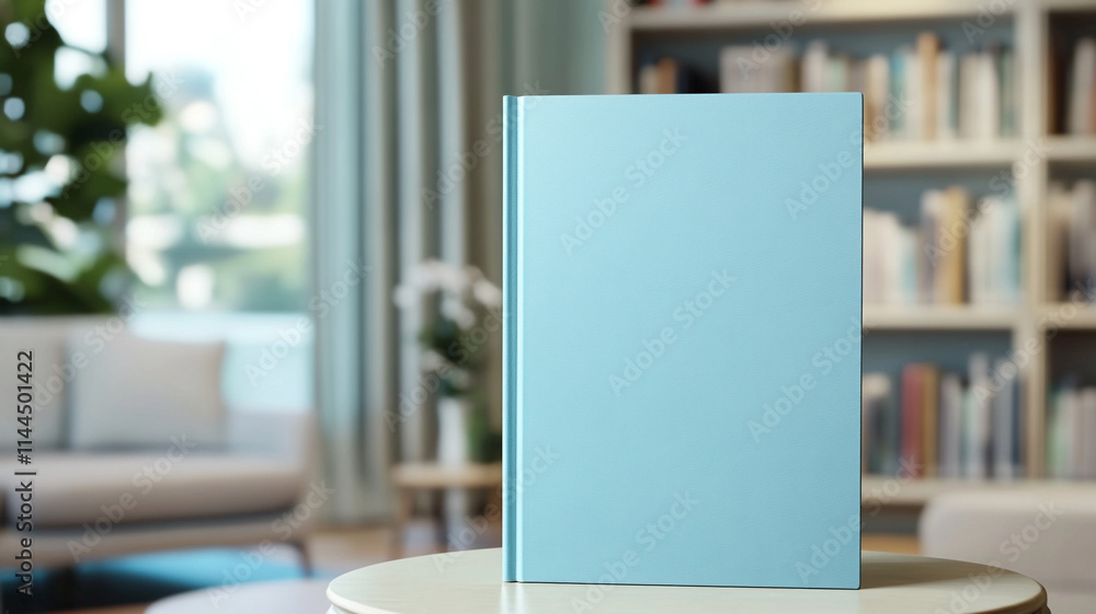 light blue blank book cover mockup on a table in library background light blue blank book cover mockup on a table in library background