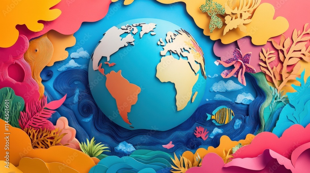 Naklejka premium Colorful Paper Art Depicts Earth Surrounded by Ocean Life